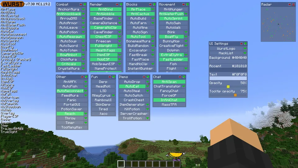 ClickGUI officiel de Wurst avec fenêtres par catégories