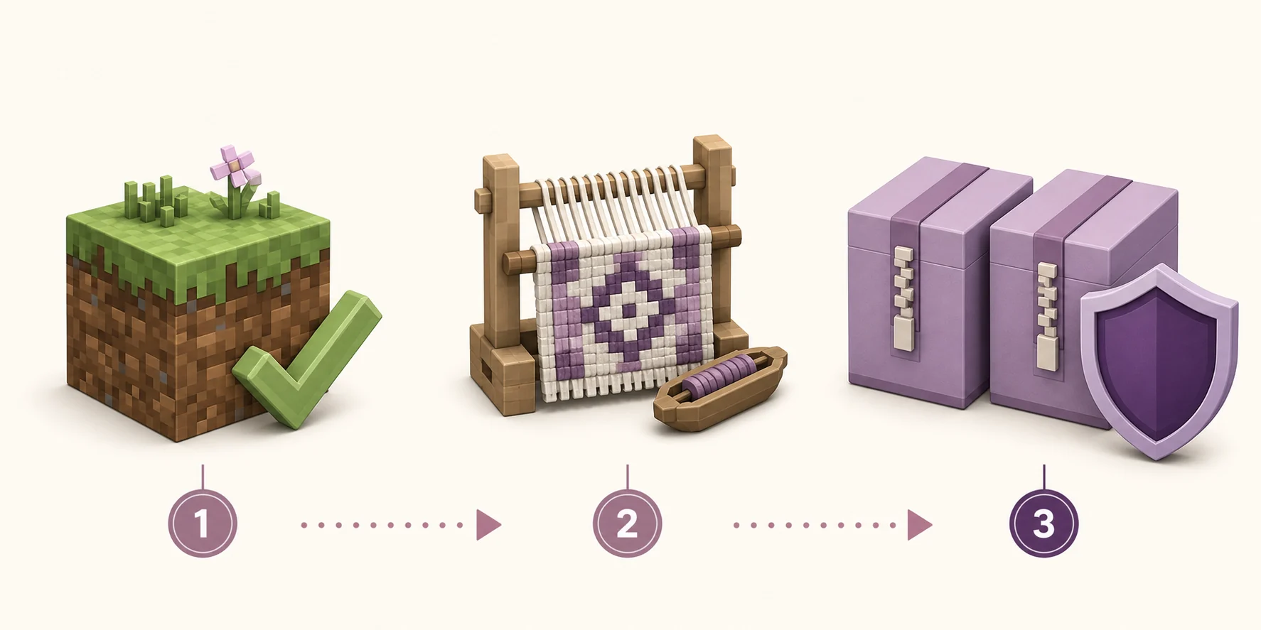 Illustrated three-stage check for a working Minecraft instance, Fabric loader and protected test setup