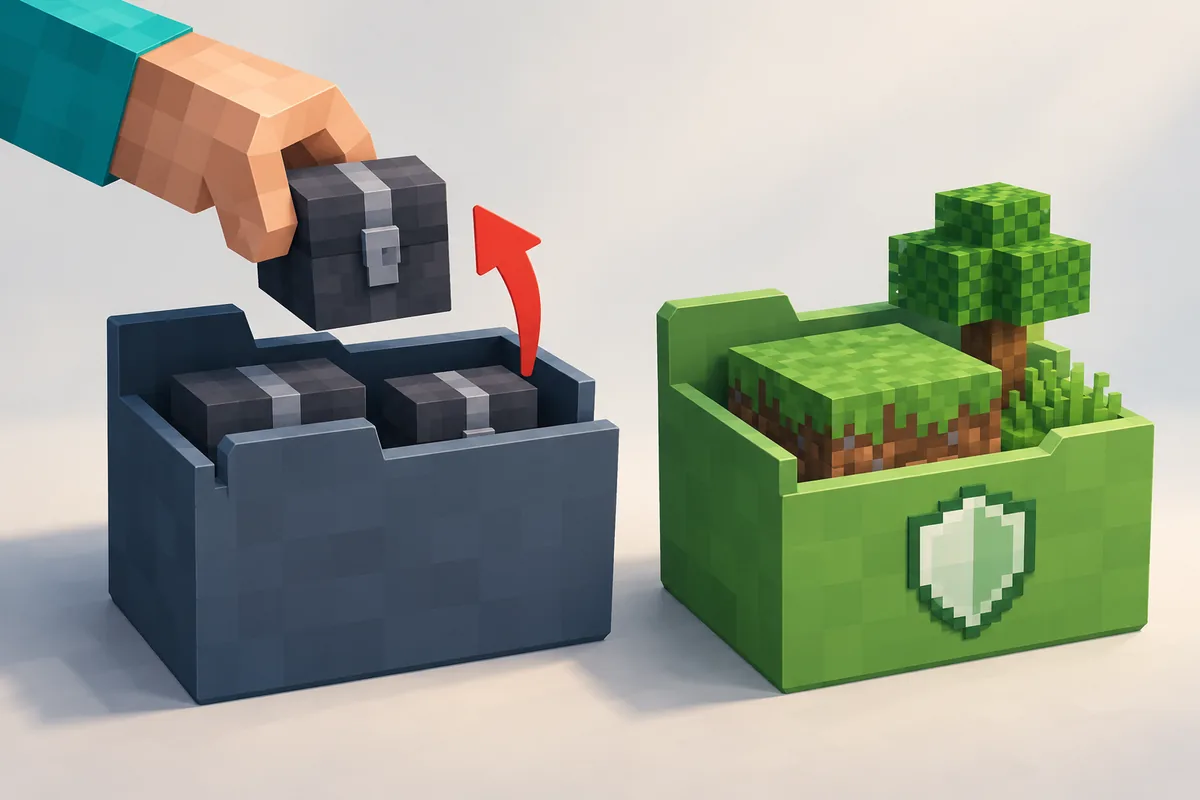 Konzeptbild: Die Wurst-Moddatei wird entfernt, während Minecraft-Welten erhalten bleiben